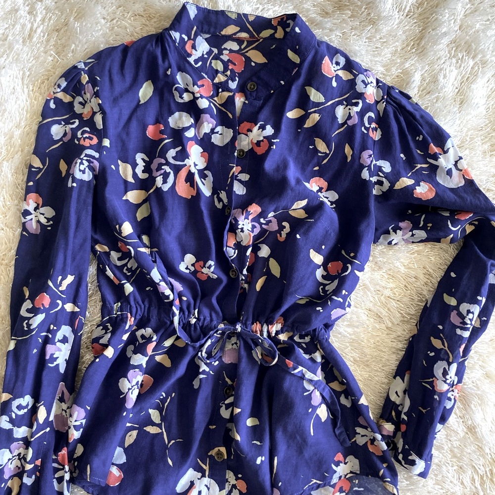Blue, floral shirt with tie waist
